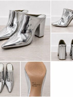 Silver Metallic Pointed Toe Mule Heels – Size 8.5